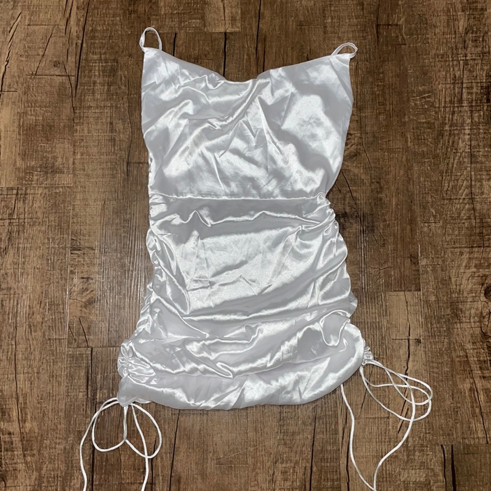 White Satin Ruched Mini Dress